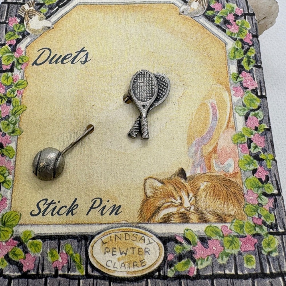 Lindsay Claire Pewter Duets Tennis Racket Brooch and Ball Stick Pin Set Vintage